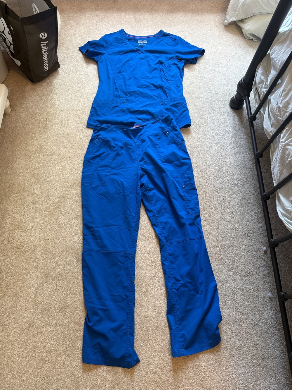 Blue V neck Scrub Top & Pants Set - Purple Label Yoga Women's Medical Scrubs